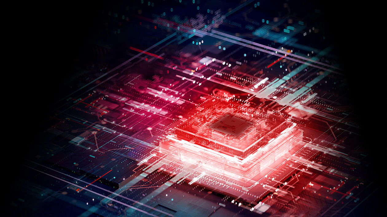 3D rendering of AI. Circuit board.