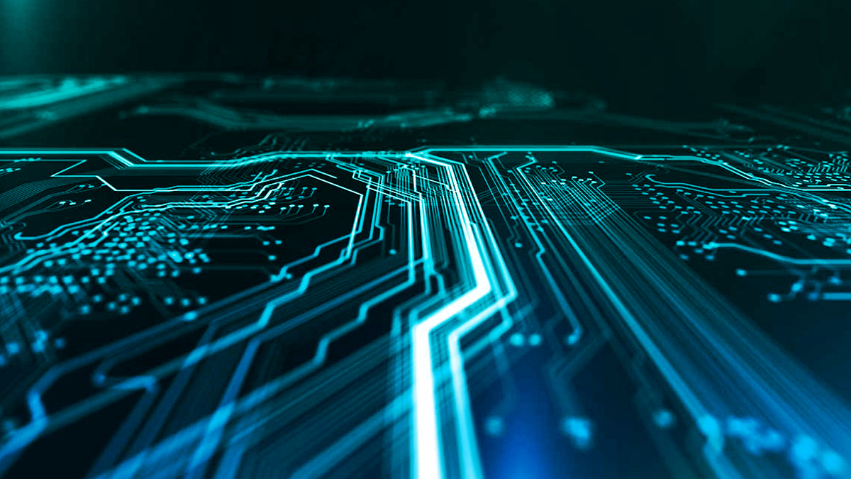 Abstract glowing 3D computer chip lines