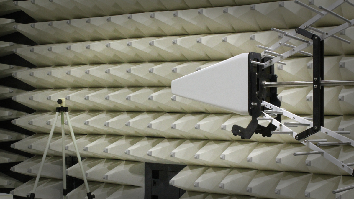 Antenna for electromagnetic compatibility radiated immunity testing in a semi anechoic chamber.