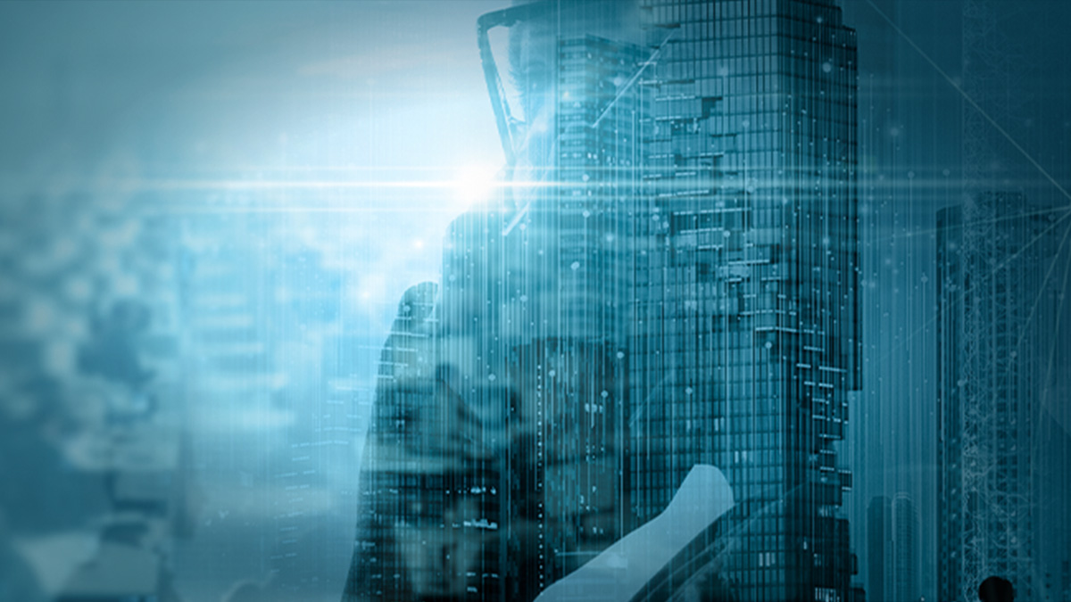 person on mobile phone with city skyline overlay