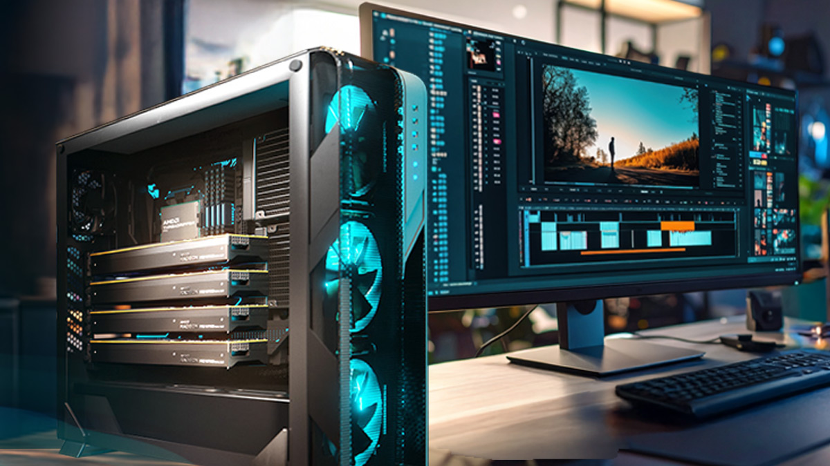 Professional video editing workspace with ultrawide monitor displaying timeline interface, desktop workstation powered by AMD Radeon GPUs