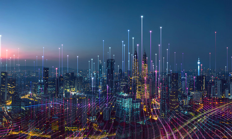 Smart city and abstract dot point connect with gradient line and aesthetic Intricate wave line design , big data connection technology concept .